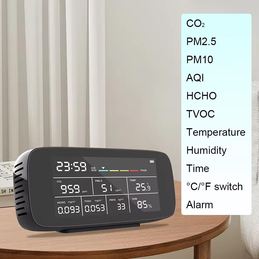 Air Quality Monitor 9-IN-1, CO2, Temperature, Humidity, Formaldehyde TVOC AQI Tester, Professional PM2.5 PM10 PM1.0 Particle Counter for Indoor/Outdoor, Air Quality Meter w/Alarm Thresholds